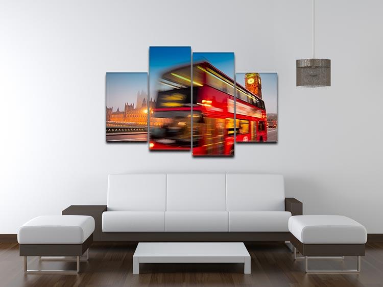 A vibrant 4-split canvas artwork featuring a red double-decker bus in front of the Houses of Parliament, showcasing London's iconic scenery.